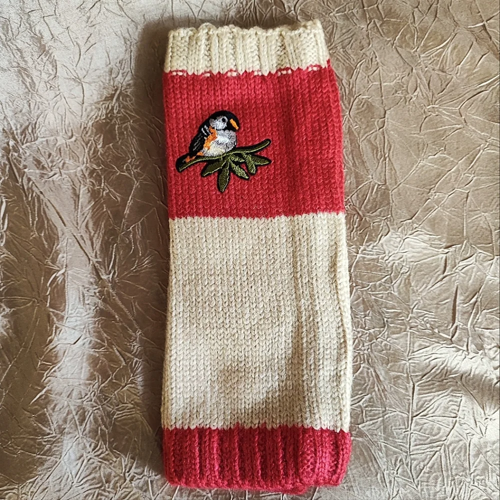 Fingerless Warm Gloves Thumb Holes Red and Cream Embroidered Birds Mittens NEW